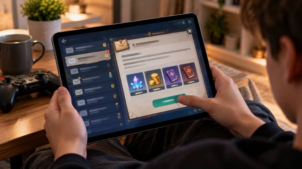 Ноутбук с открытой формой входа и предупреждающим значком, рядом смартфон с сообщением о бесплатной игровой валюте