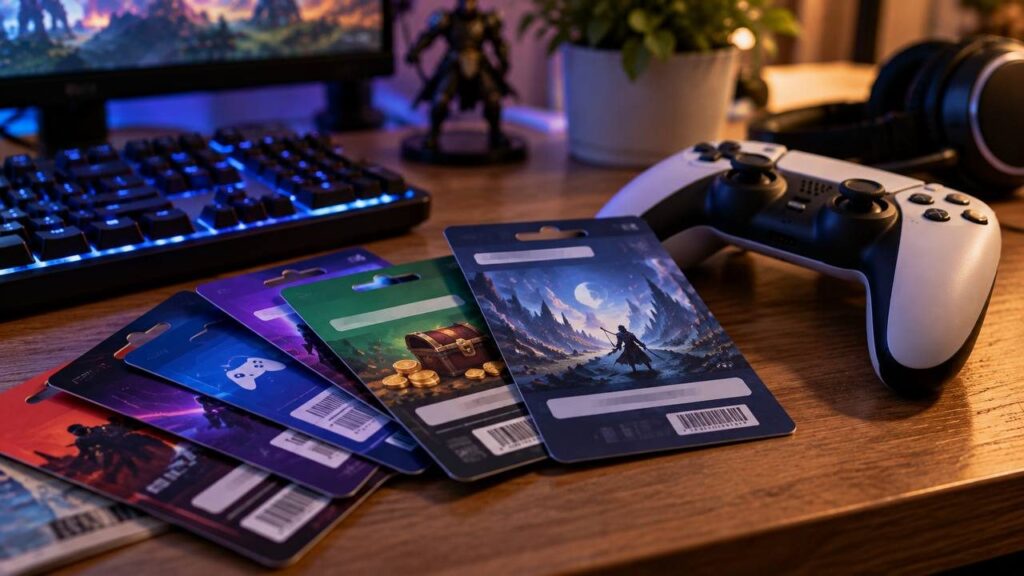 Стопка подарочных карт для игровых сервисов без логотипов на столе рядом с геймпадом