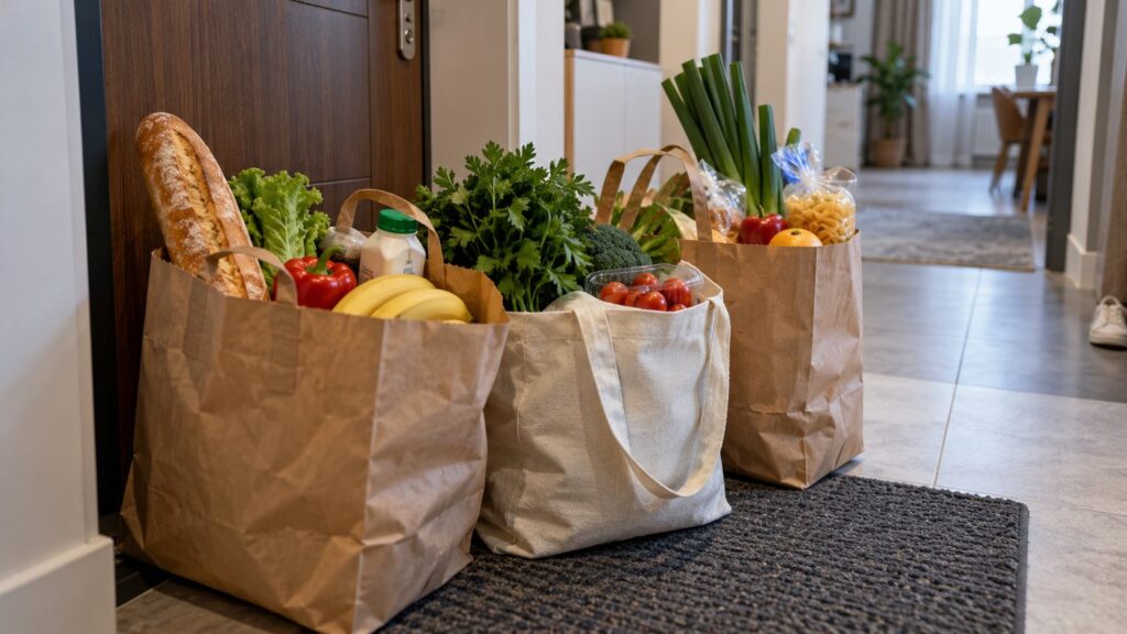 Пакеты с продуктами из гипермаркета у двери квартиры после доставки