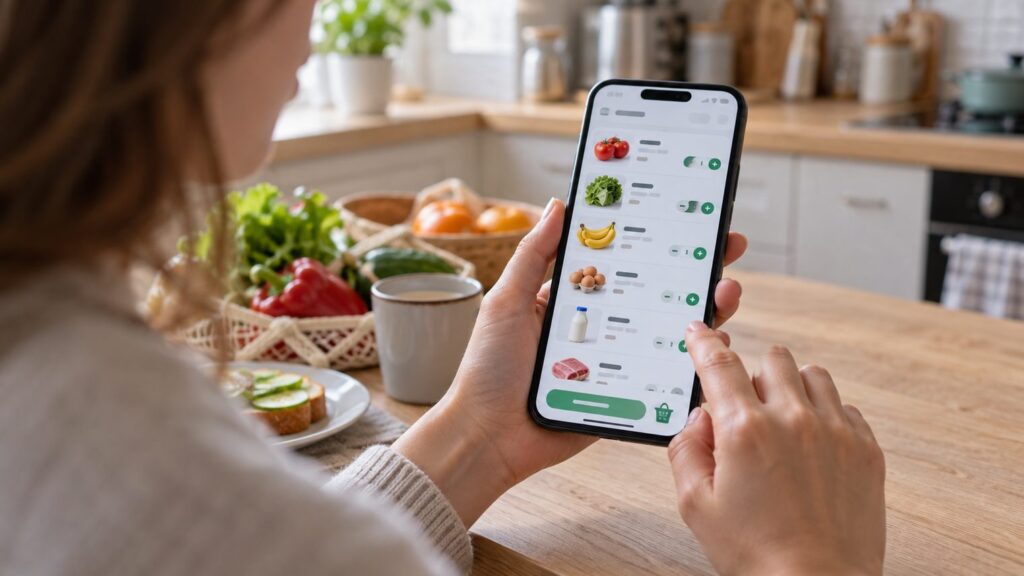 Покупатель собирает онлайн-корзину продуктов на смартфоне на кухне