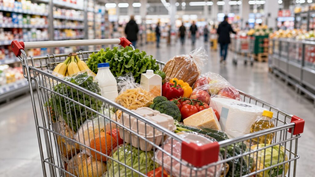 Тележка с продуктами в торговом зале большого гипермаркета