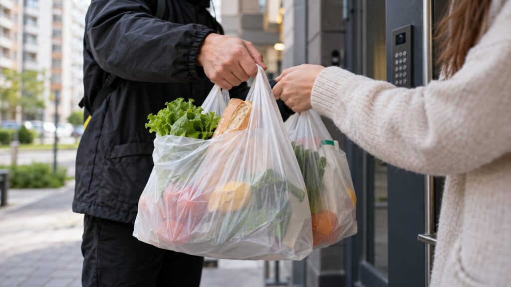 Курьер передаёт пакеты с продуктами покупателю у подъезда