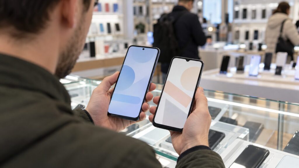 Покупатель сравнивает два смартфона у витрины магазина техники