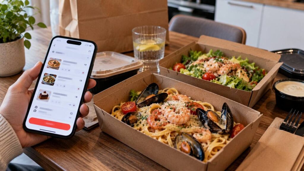 Контейнеры с пастой с морепродуктами и салатом на кухонном столе, рядом смартфон с корзиной доставки