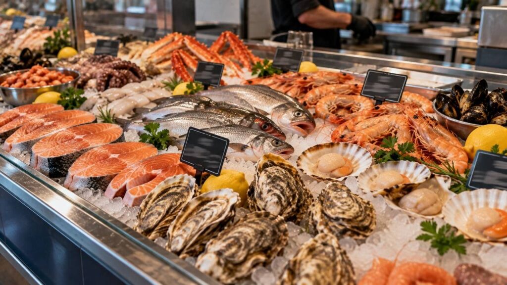 Витрина рыбной лавки со льдом, на котором лежат рыба и морепродукты