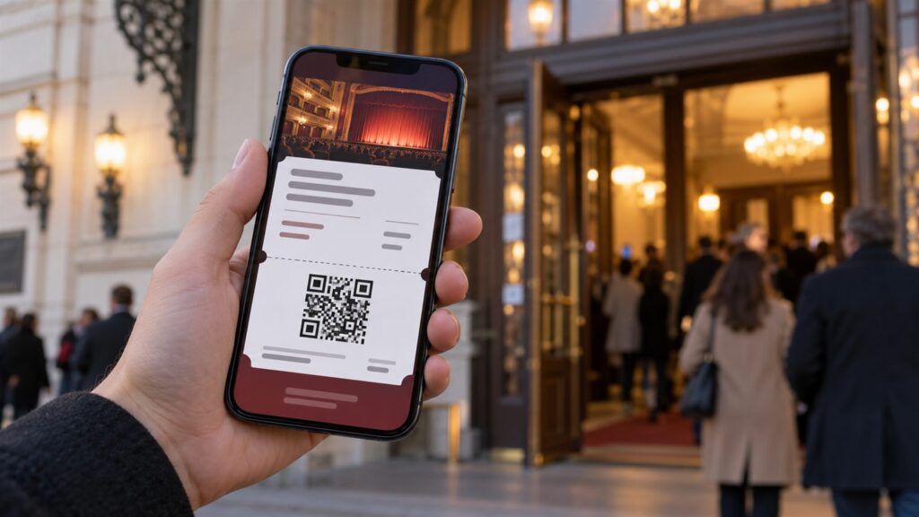 Электронный билет на экране смартфона на фоне входа в театр