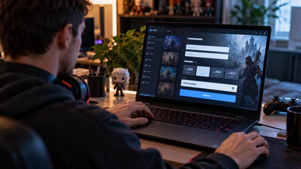Геймер за ноутбуком оформляет пополнение кошелька игровой платформы, на экране поле для логина, суммы и промокода