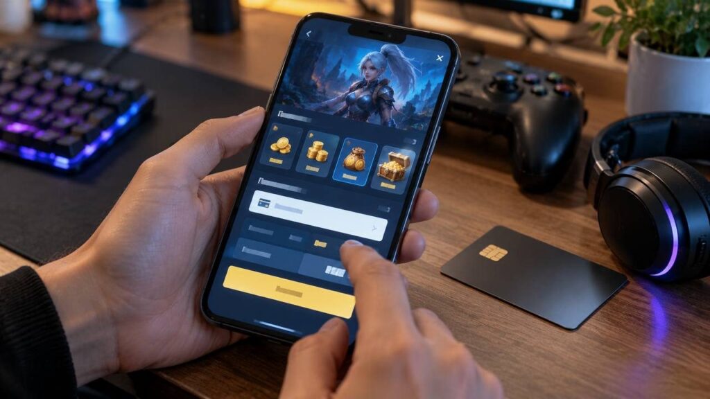Смартфон с мобильной игрой и экраном пополнения игровой валюты, рядом банковская карта и наушники на столе