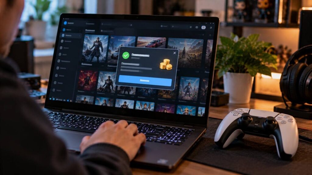 Ноутбук с открытой библиотекой компьютерных игр и уведомлением о пополнении баланса, рядом геймпад