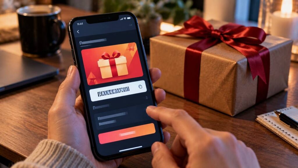 Подарочная цифровая карта с кодом на экране смартфона и подарочная коробка на столе