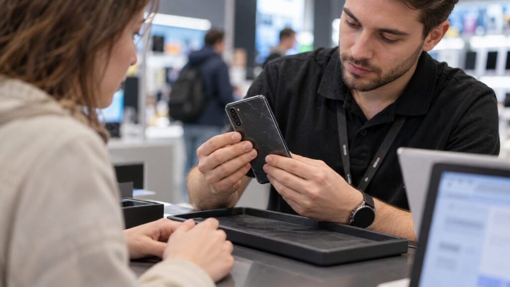 Сотрудник магазина электроники проверяет старый смартфон покупателя на стойке