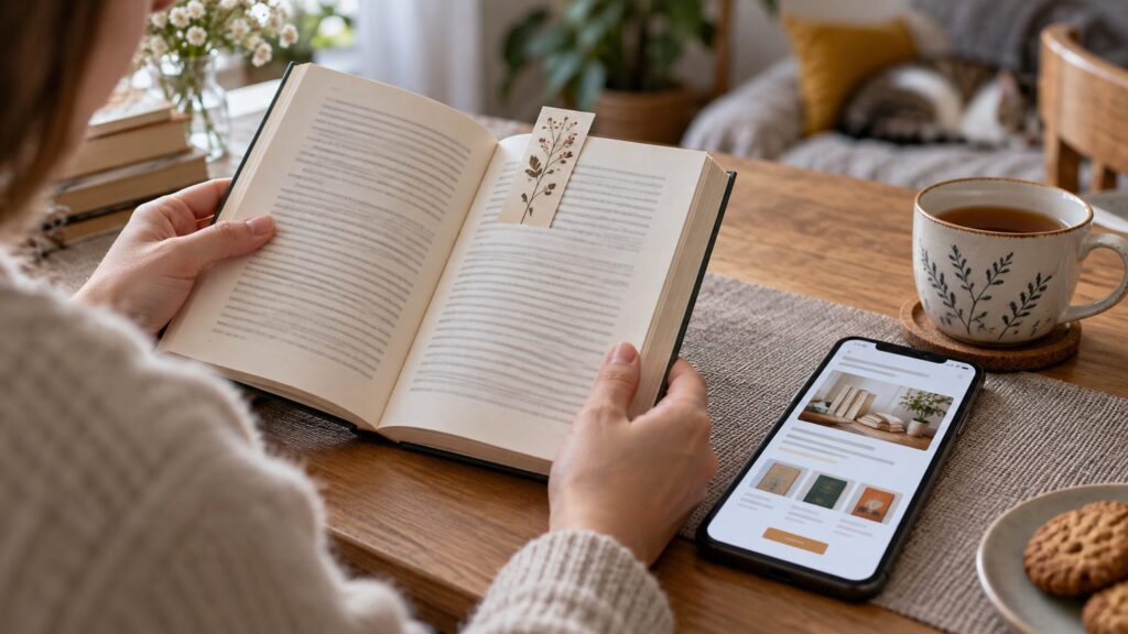 Читатель держит раскрытую книгу с закладкой, рядом на столе чашка чая и смартфон с открытой рассылкой книжного магазина