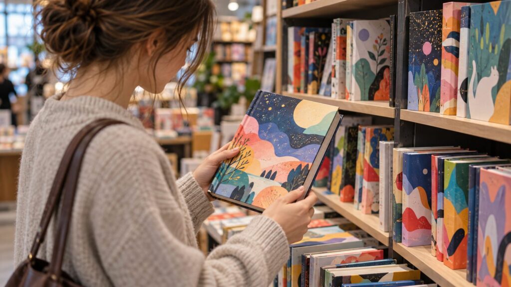 Книжные полки с детскими и подарочными изданиями, девушка выбирает книгу в твёрдой обложке