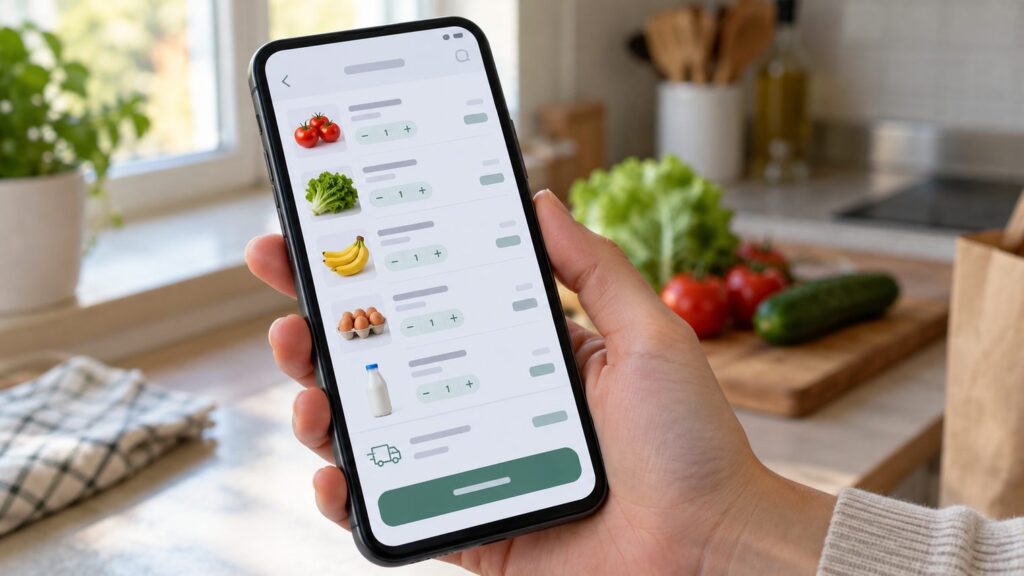 Экран смартфона с корзиной продуктов и строкой стоимости доставки