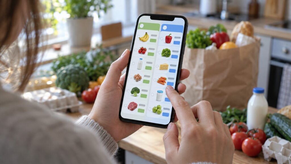 Покупатель сравнивает цены на продукты в двух приложениях на смартфоне