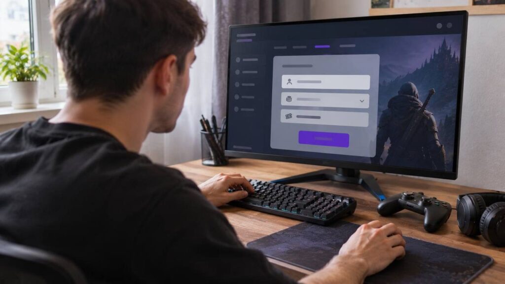 Подросток за компьютером пополняет кошелёк игровой платформы, на экране поле логина, суммы и строка для промокода