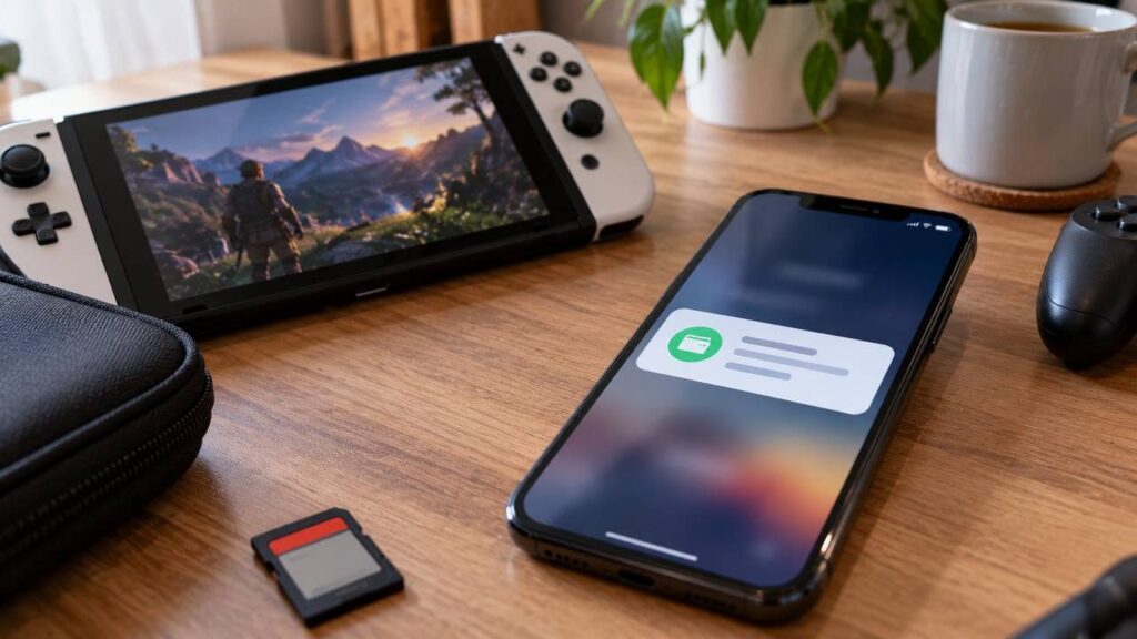 Игровая портативная консоль и смартфон на столе, на экране телефона уведомление о зачислении денег на игровой кошелёк