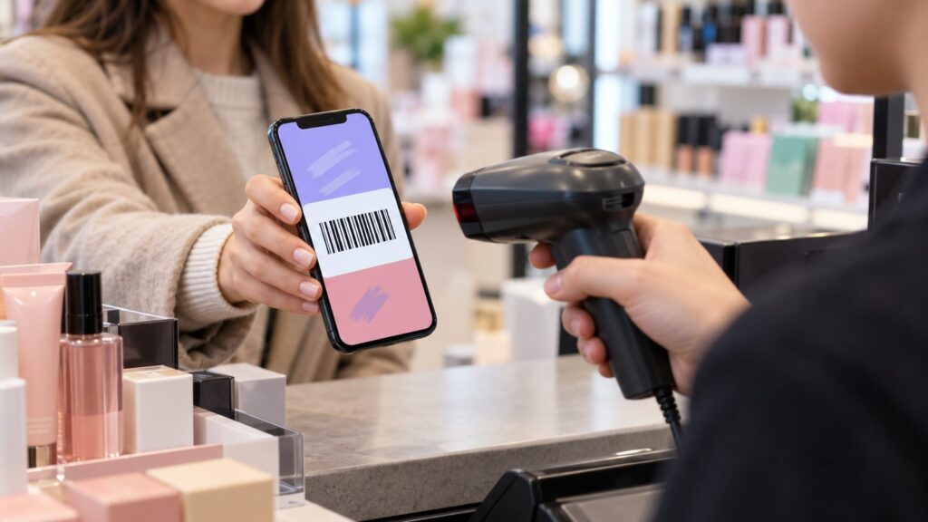 Покупательница на кассе магазина косметики показывает смартфон с виртуальной картой, кассир сканирует штрихкод