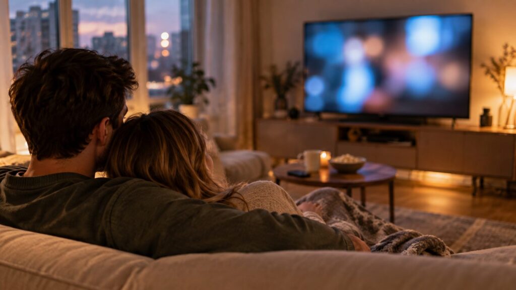 Пара вечером смотрит российский сериал на большом телевизоре в уютной гостиной