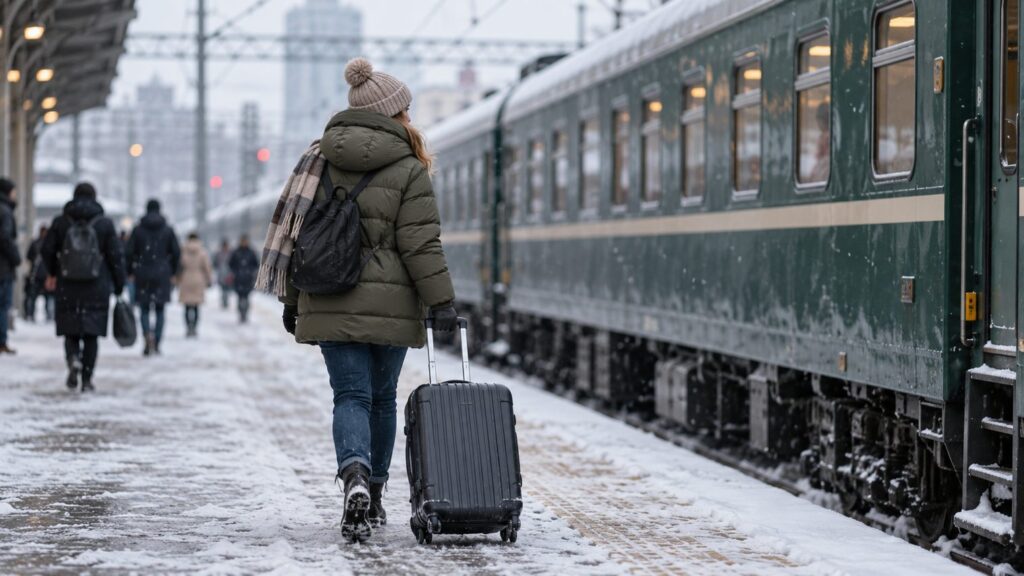 Пассажирка с чемоданом на колёсах идёт по перрону вдоль длинного пассажирского поезда утром