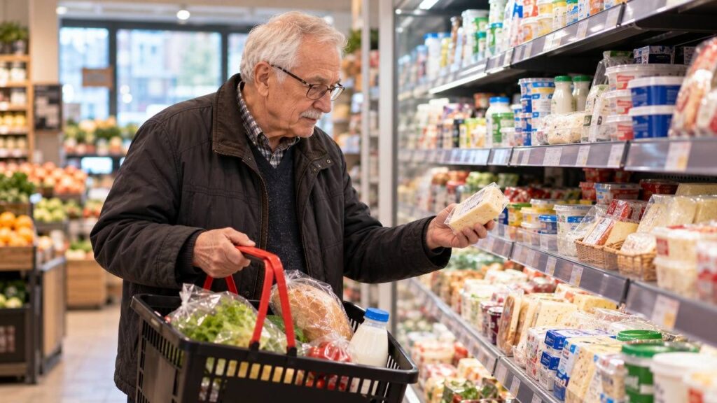 Пожилой мужчина с корзиной продуктов у полки небольшого магазина у дома