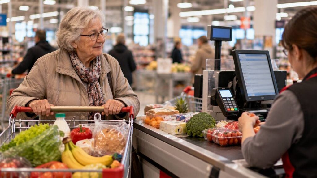 Пожилая женщина с тележкой продуктов у кассы большого гипермаркета
