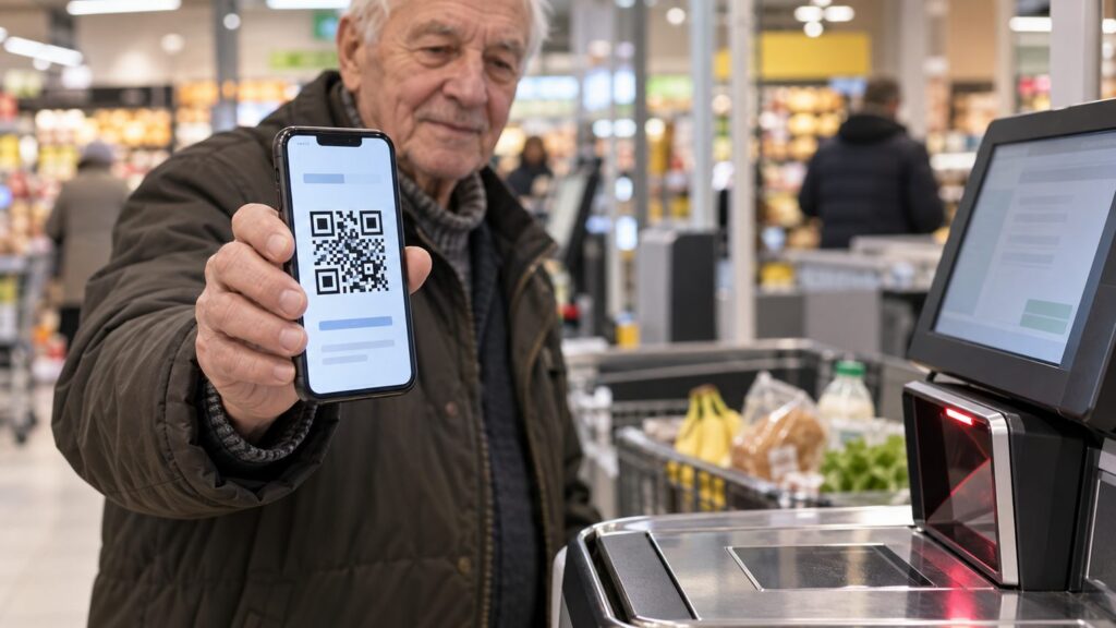Пожилой мужчина у кассы самообслуживания держит смартфон с QR-кодом