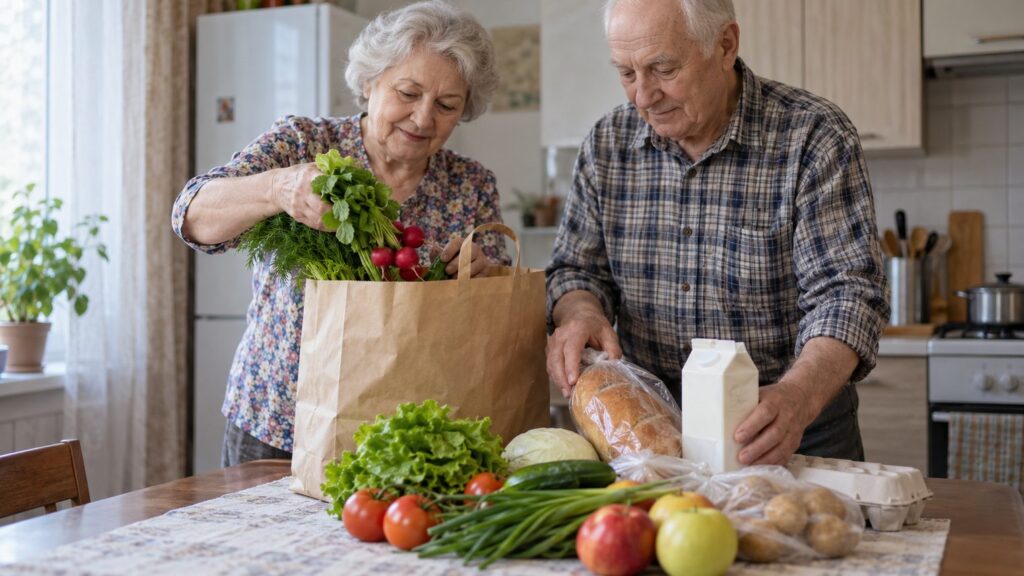 Пожилая пара раскладывает продукты из пакета на кухне