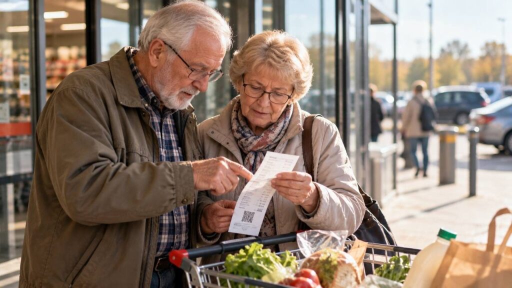 Пожилая пара сверяет чек у выхода из супермаркета