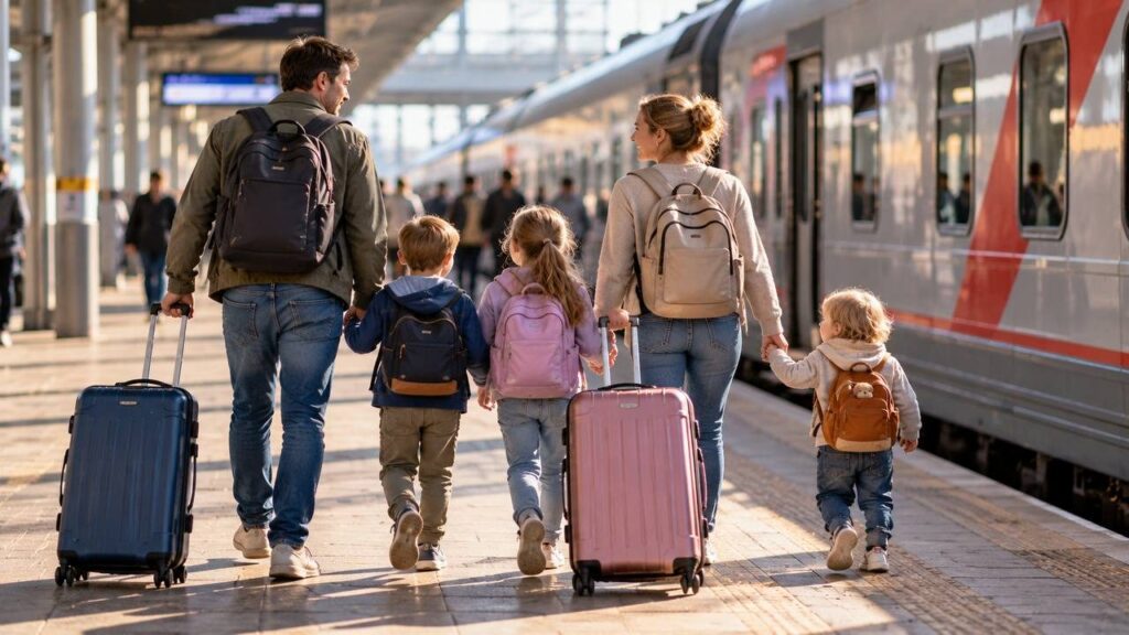 Мама и папа с тремя детьми идут с чемоданами по вокзальной платформе
