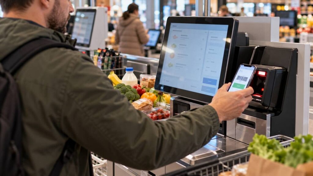 Мужчина на кассе самообслуживания сканирует карту в телефоне перед оплатой продуктов