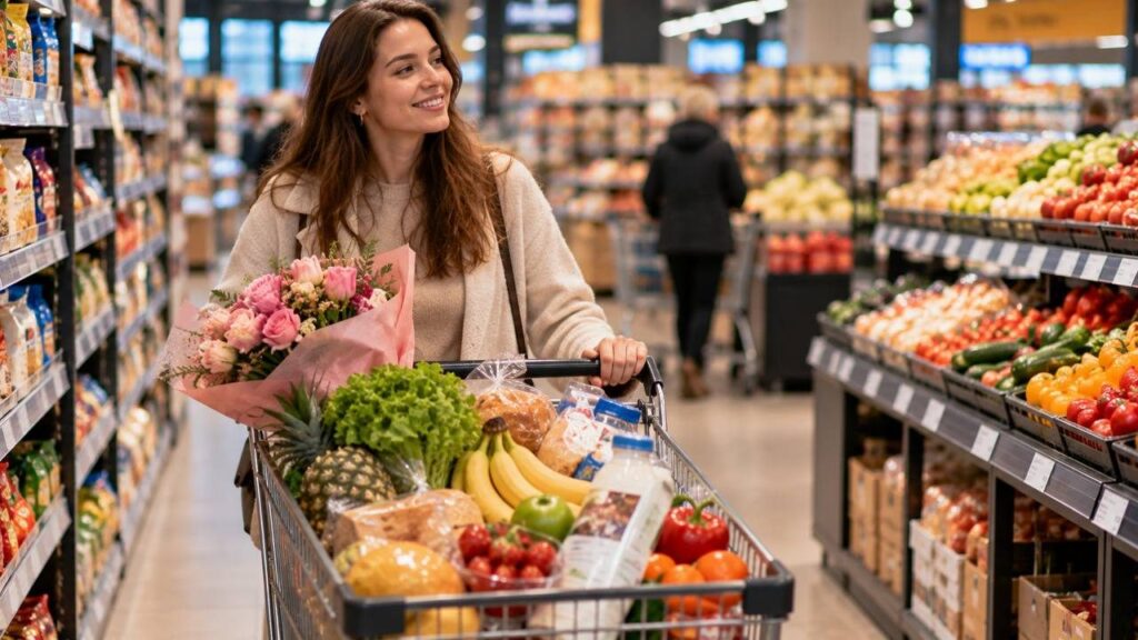 Женщина с полной тележкой продуктов и цветами в проходе гипермаркета
