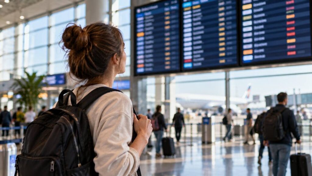 Студентка с рюкзаком смотрит на табло вылетов в аэропорту