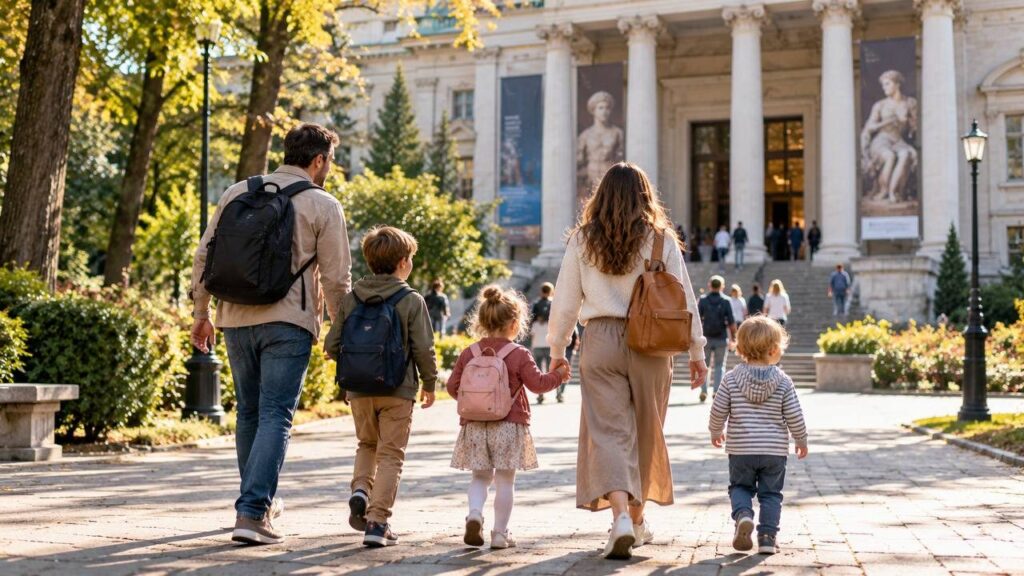 Родители с тремя детьми разного возраста идут по парку к входу в музей