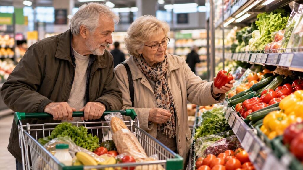 Пожилая пара с корзиной выбирает продукты в торговом зале супермаркета утром