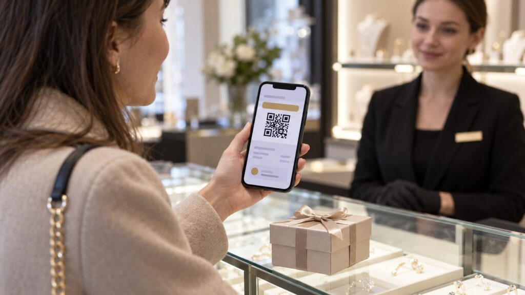 Покупательница показывает продавцу ювелирного магазина код на экране смартфона у кассы, на прилавке маленькая подарочная коробочка