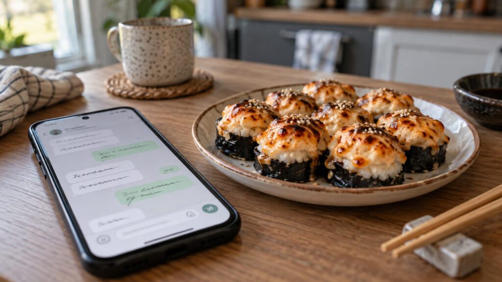 Смартфон с открытым мессенджером лежит рядом с тарелкой запечённых роллов