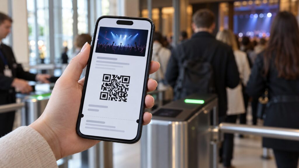 Смартфон с электронным билетом и QR-кодом в руке зрителя у входа в концертный зал