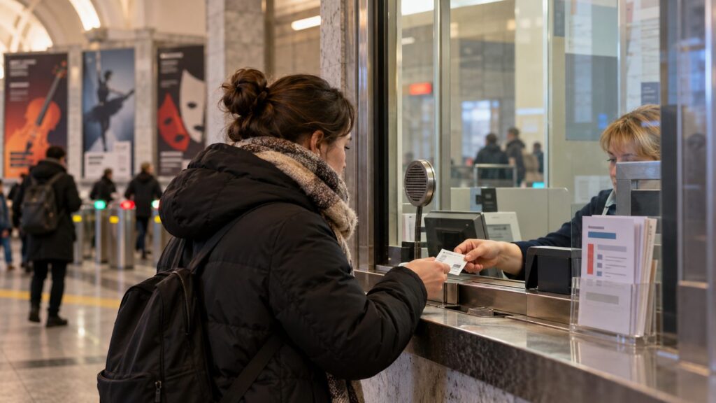 Билетная касса в вестибюле метро с афишами концертов и спектаклей на стене