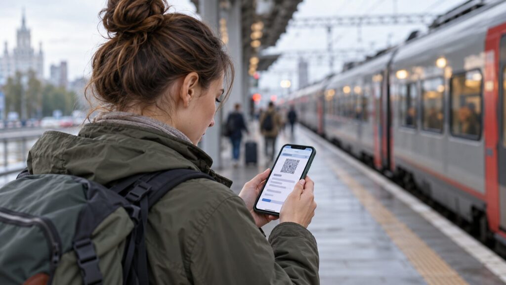 Путешественница с рюкзаком на перроне вокзала смотрит в смартфон с электронным билетом на поезд