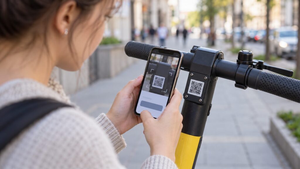Девушка сканирует QR-код на руле электросамоката смартфоном на улице