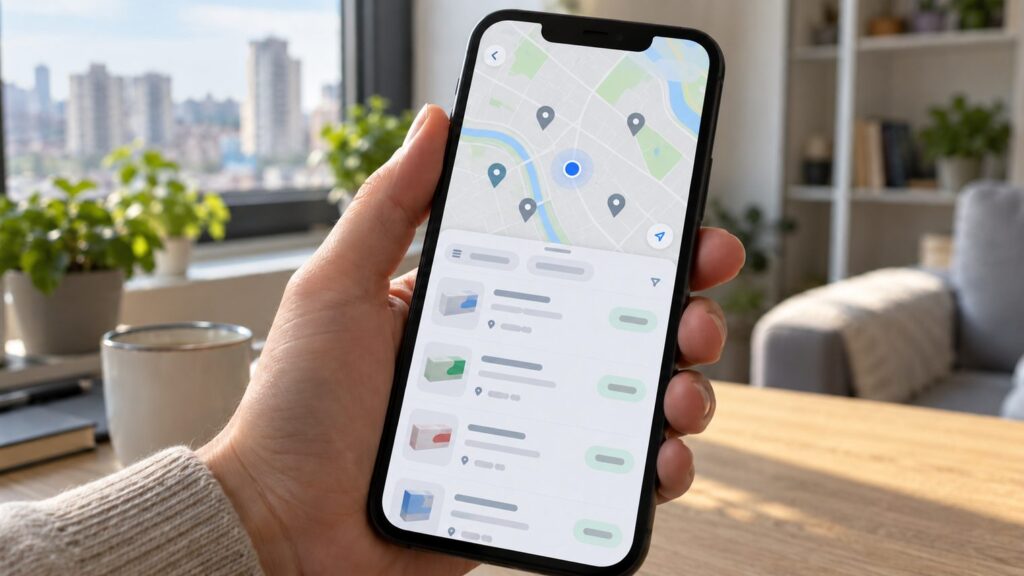 Рука держит смартфон с картой аптек и ценами на лекарства на экране