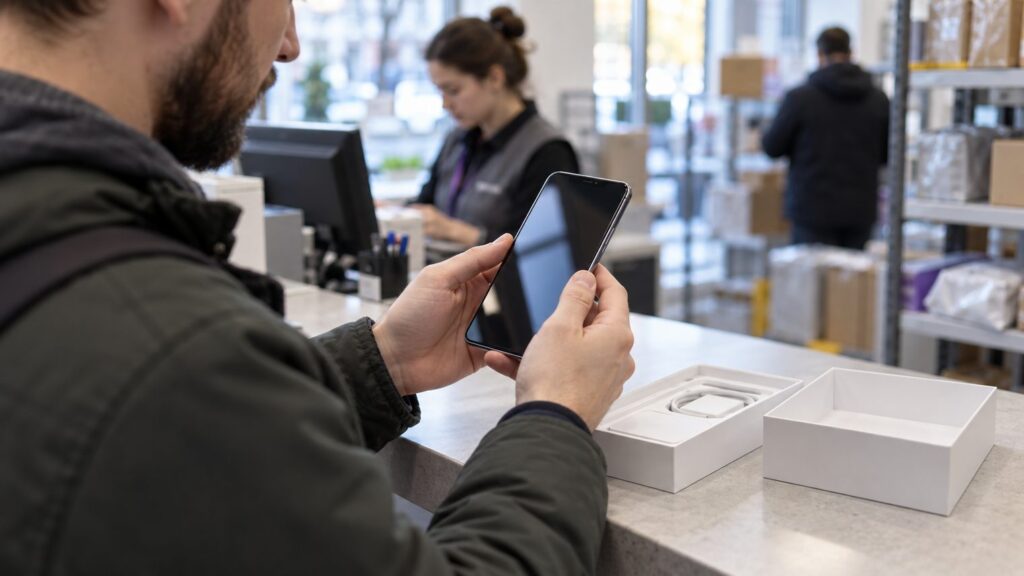 Покупатель в пункте выдачи проверяет новый смартфон перед оплатой, рядом открытая коробка