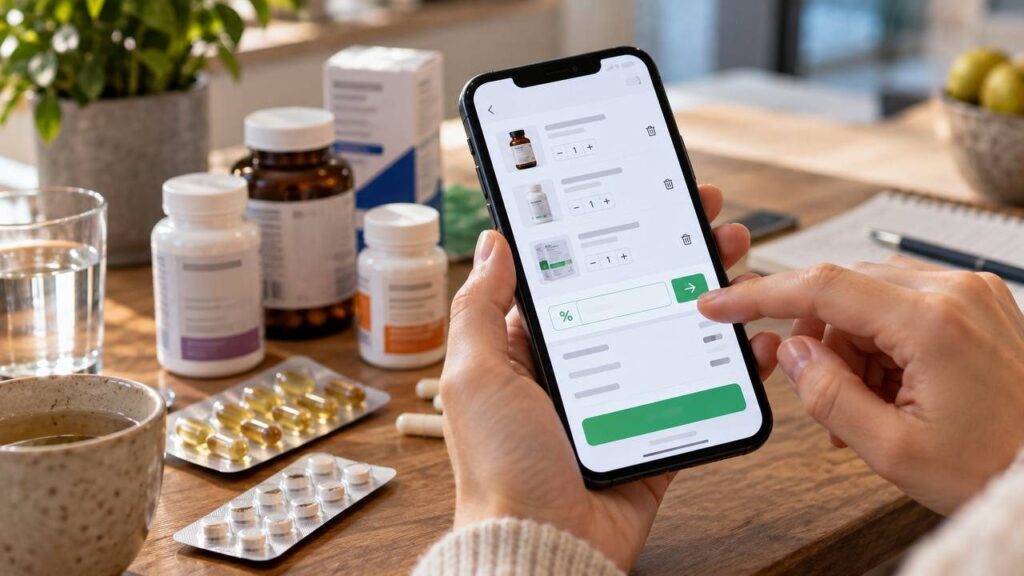Руки держат смартфон над столом с упаковками витаминов, на экране корзина интернет-аптеки с полем для промокода