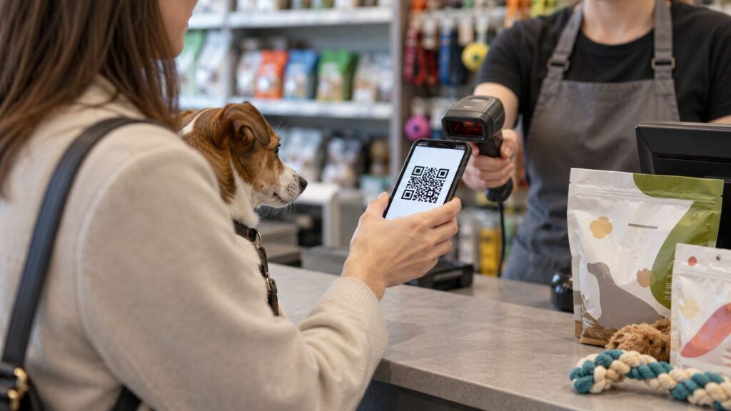 Владелец собаки на кассе зоомагазина показывает QR-код в телефоне продавцу