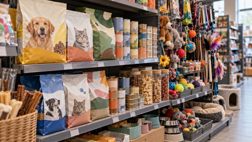 Полка зоомагазина с кормами, лакомствами и игрушками для кошек и собак